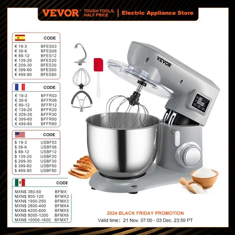 VEVOR 450W Electric Dough Mixer All Metal Stand Mixer with 6 Speeds LCD Screen Timing Tilt-Head Food Mixer Splash-Proof Cover