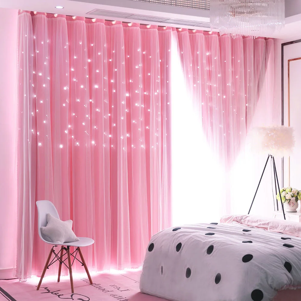 Pink Star Curtains for Girls Bedroom High Blackout Curtains Grommet Double Layer Sheer Overlay for Kids Room Decor Princess Star