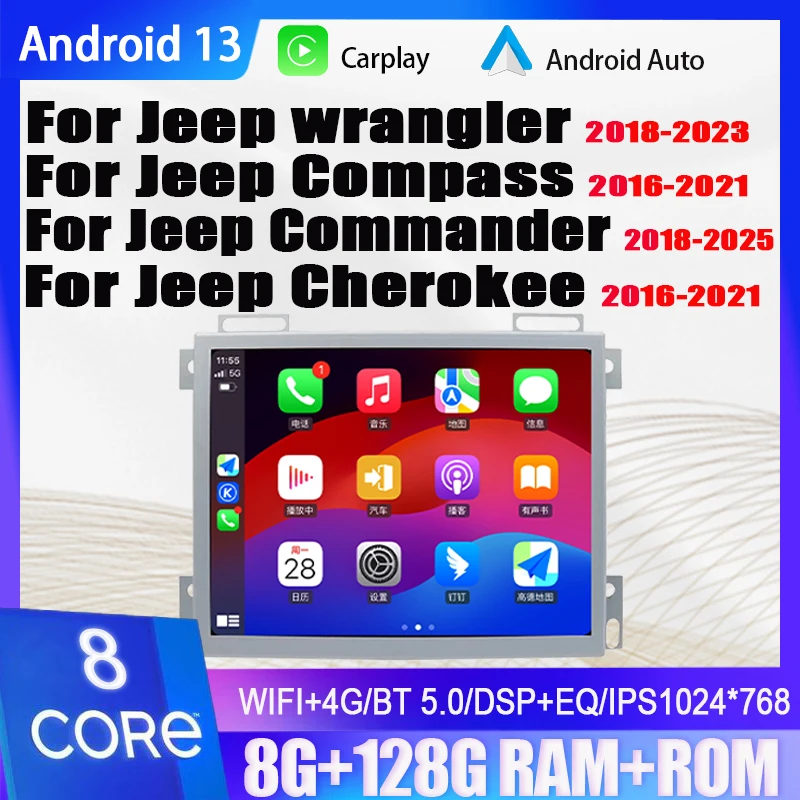 Android13 8Core FOR JEEP Compass Wrangler Commander Multimedia con GPS para coche, radio con WIFI, 4G, BT Carplay,  FM, DSP RDS