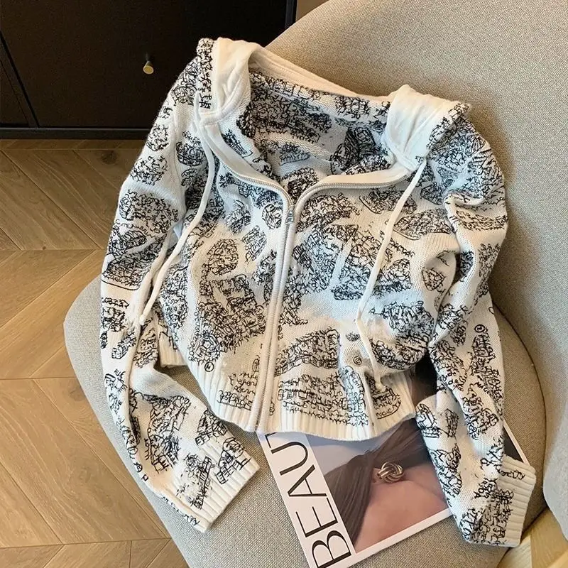 

Women's Embroidered Hooded Cardigan Sweater Fall Long Sleeve Casual Knit Jacket 2025 winter new short Top fashion sweater coat