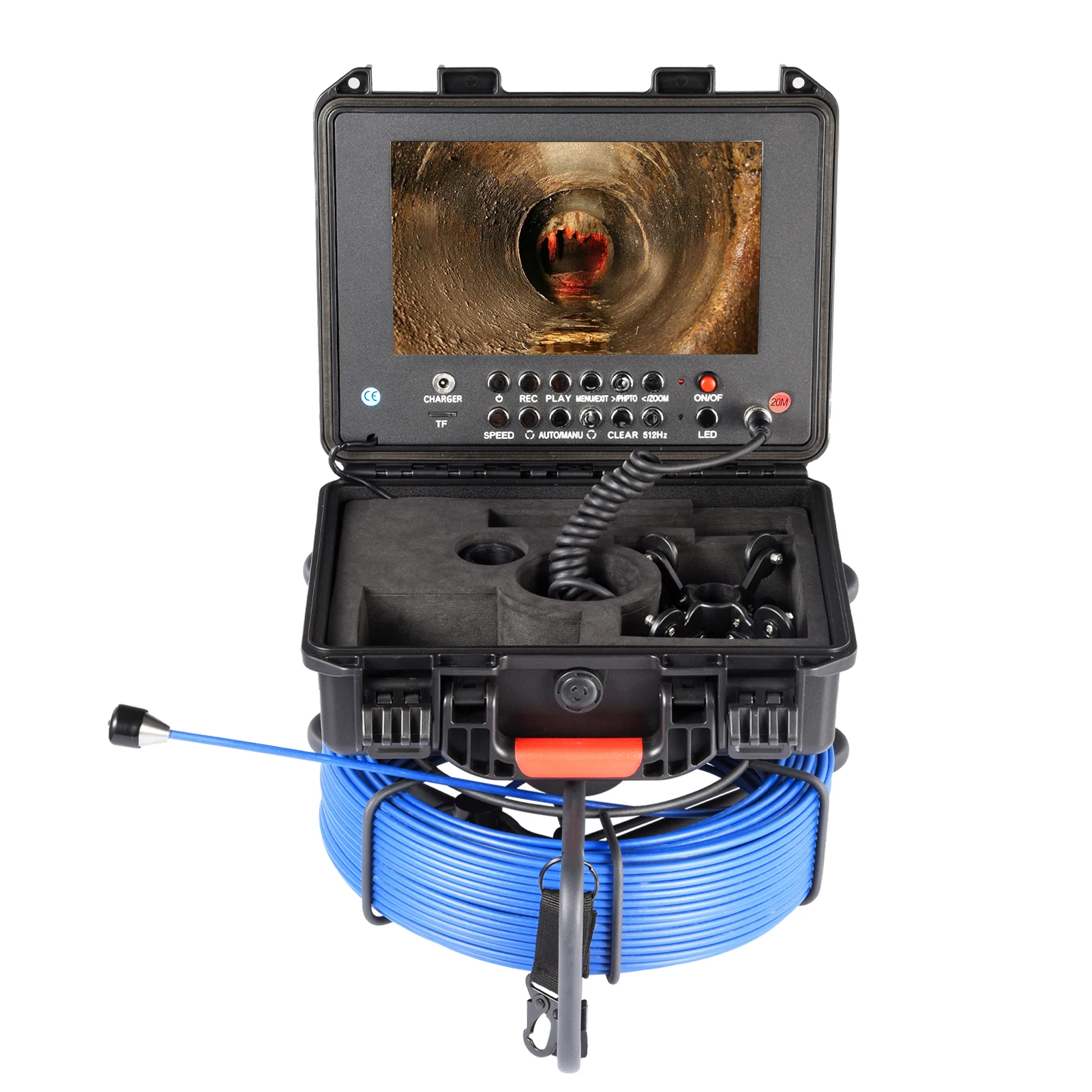 Sewer Inspection Camera 7in Screen Auto Leveling Sewer Camera with 512Hz Transmitter Waterproof Endoscope with Light 16GB Card