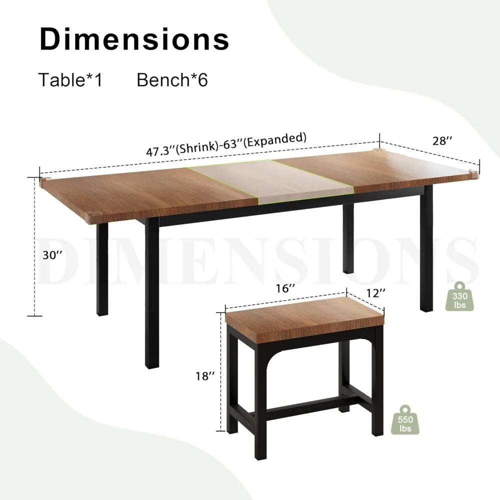 7-Piece Dining Table Set with 6 Stools, 63