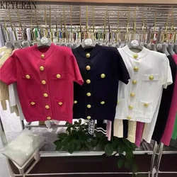 2024 nuova estate cardigan lavorato a maglia con bottoni in metallo donna vintage francese girocollo maglione a maniche corte elegante top corto sottile solido