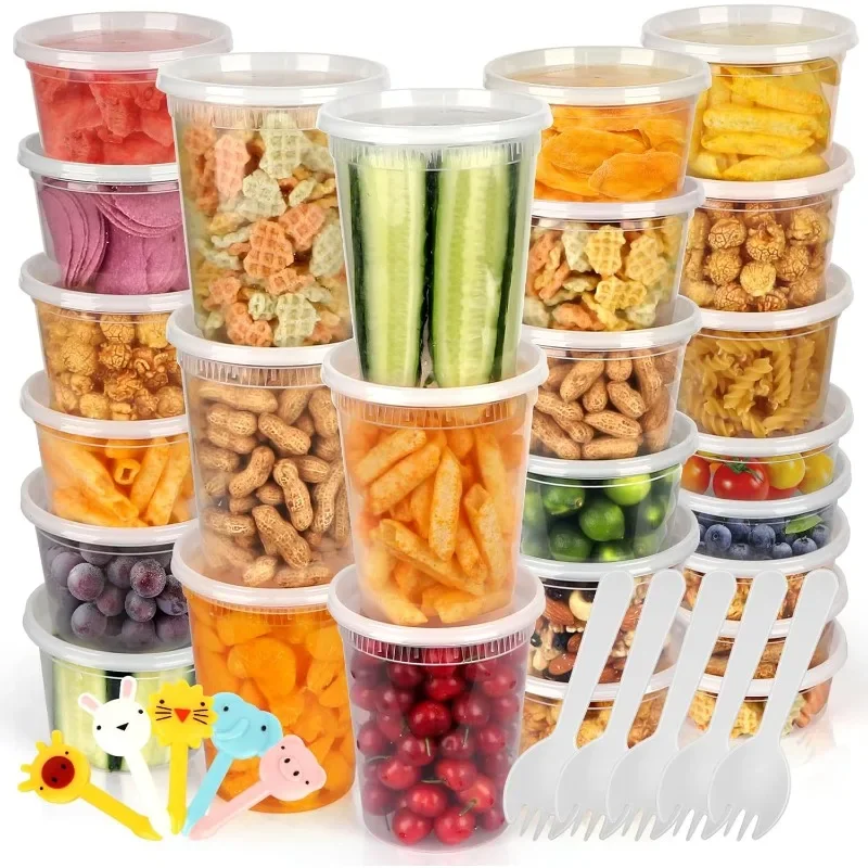 [60 Pack,3 Sizes] Food Storage Containers with Lids, 50 Combo Pack 8oz, 16oz, 32oz Airtight Deli Food Container w 10 Spoons