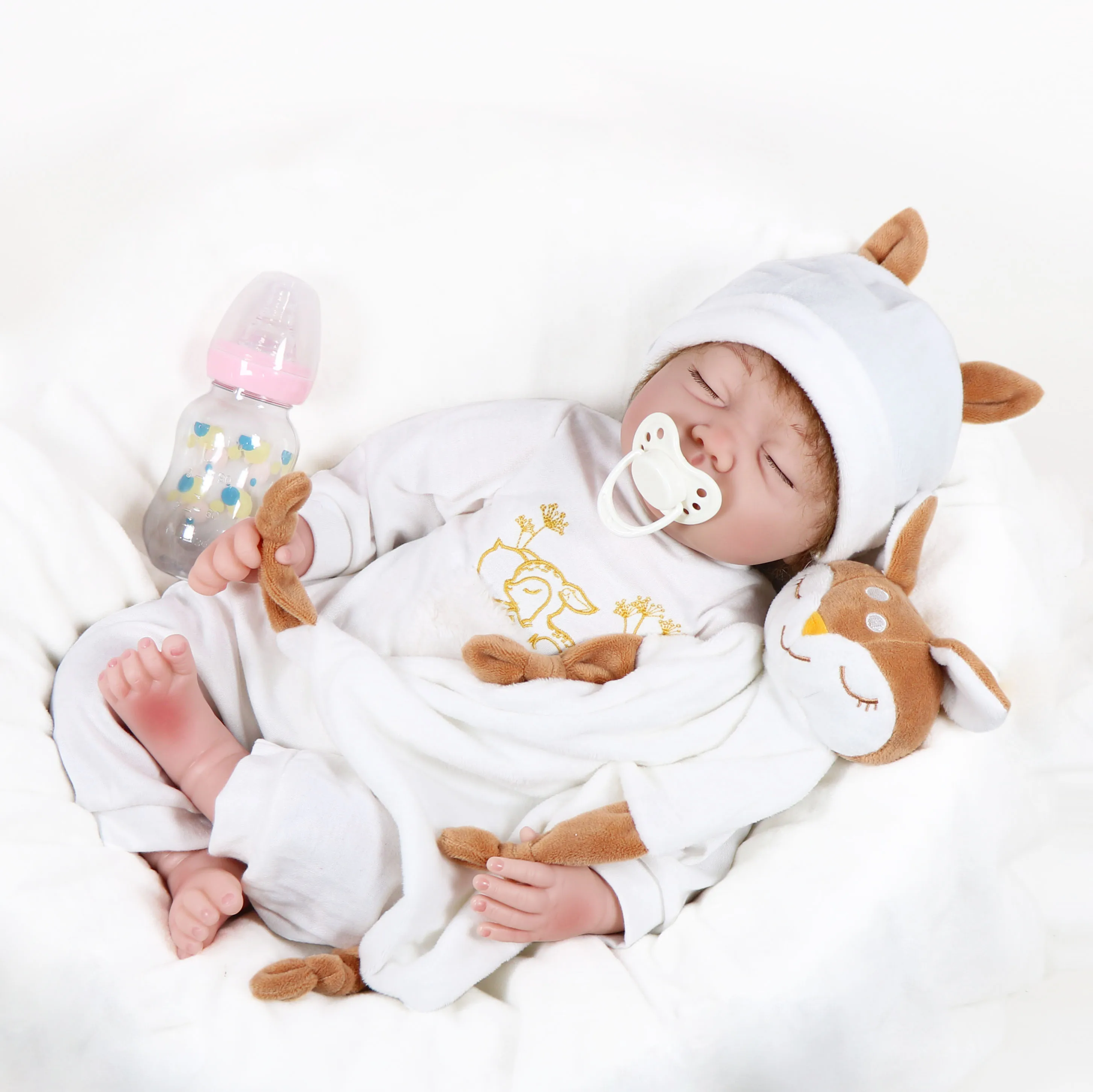 WAWA-HAOKEAI 22'' inch Sleeping Newborn Baby in Soft Vinyl and Mohair, 7-Piece Doll Gift Set