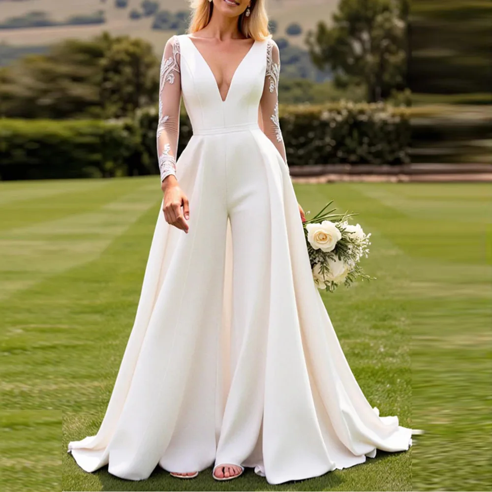 Customized Bridal Jumpsuit With Detachable Train V Neck Mesh Sleeve Wedding Gown 2 In 1 Bride Outfit