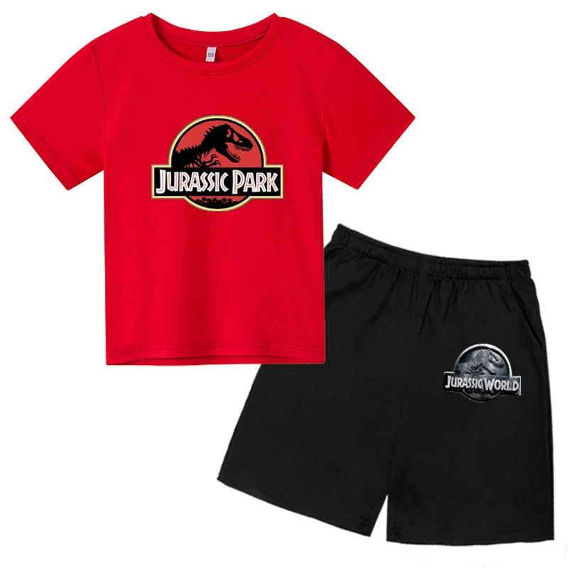 

Jurassic Park Dinosaur Pattern T Shirt Suits Summer Children Cartoon Printed Fashion Trend Style Short Sleeve Tee Tops+shorts