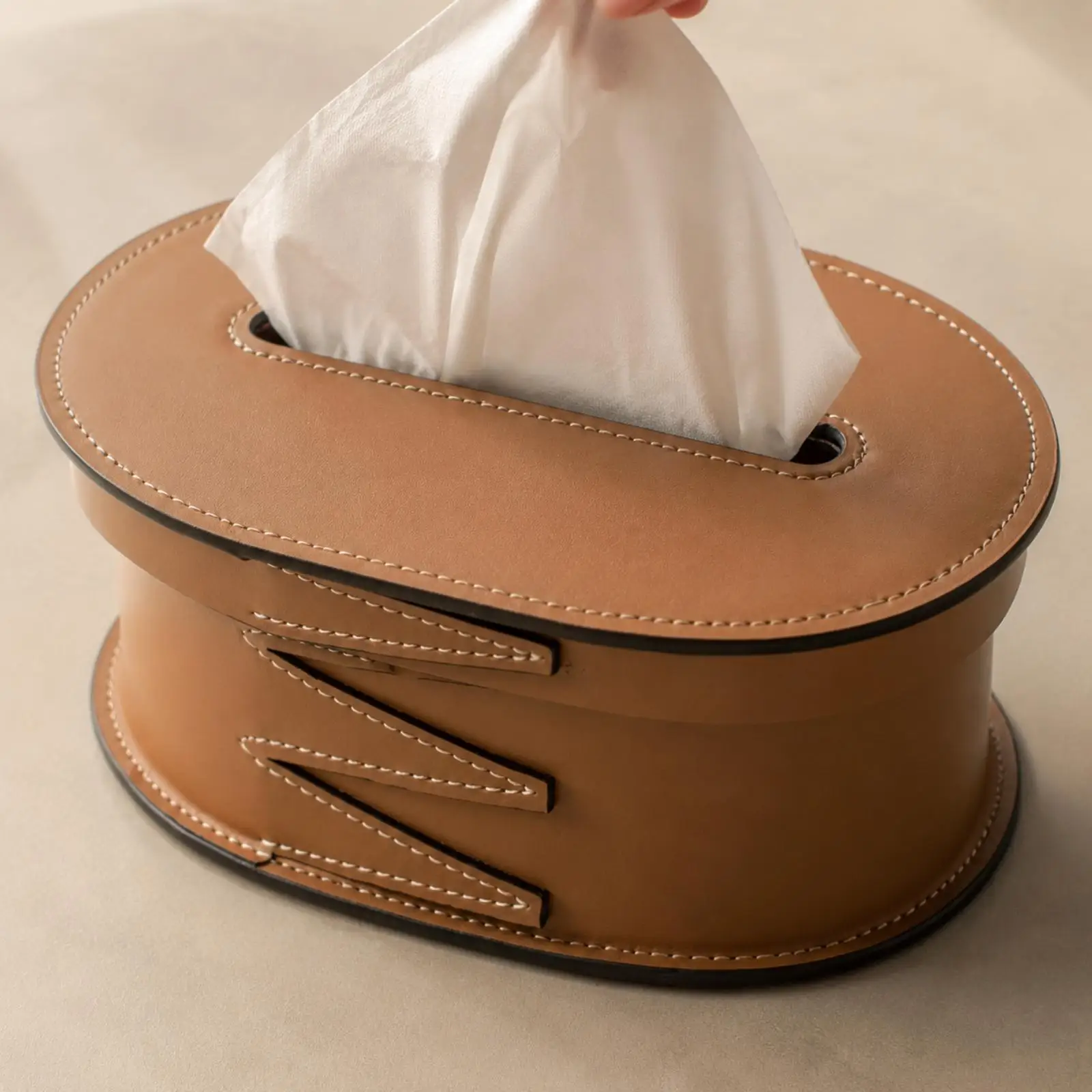 Oval Tissue Box Decorative Tissue Box with Stitched Edging Stylish Structured for Living Room, Bathroom