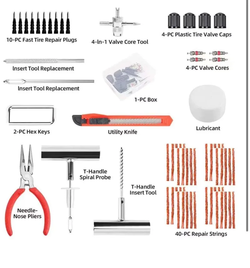 70 Pcs Tire Tyre Repair Kit Heavy Duty Metal Hand Tool Set With Box For Car Truck Motorcycle Tubeless Tire Puncture Repair