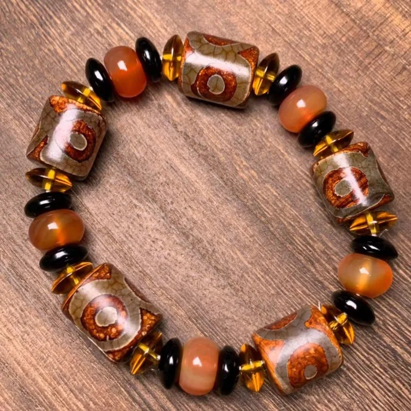 Tibetan Agate Three-eye Dzi Bead Bracelet, Barrel Bead Retro Ethnic Style Chalcedony Dzi Bead Bracelet Jewelry
