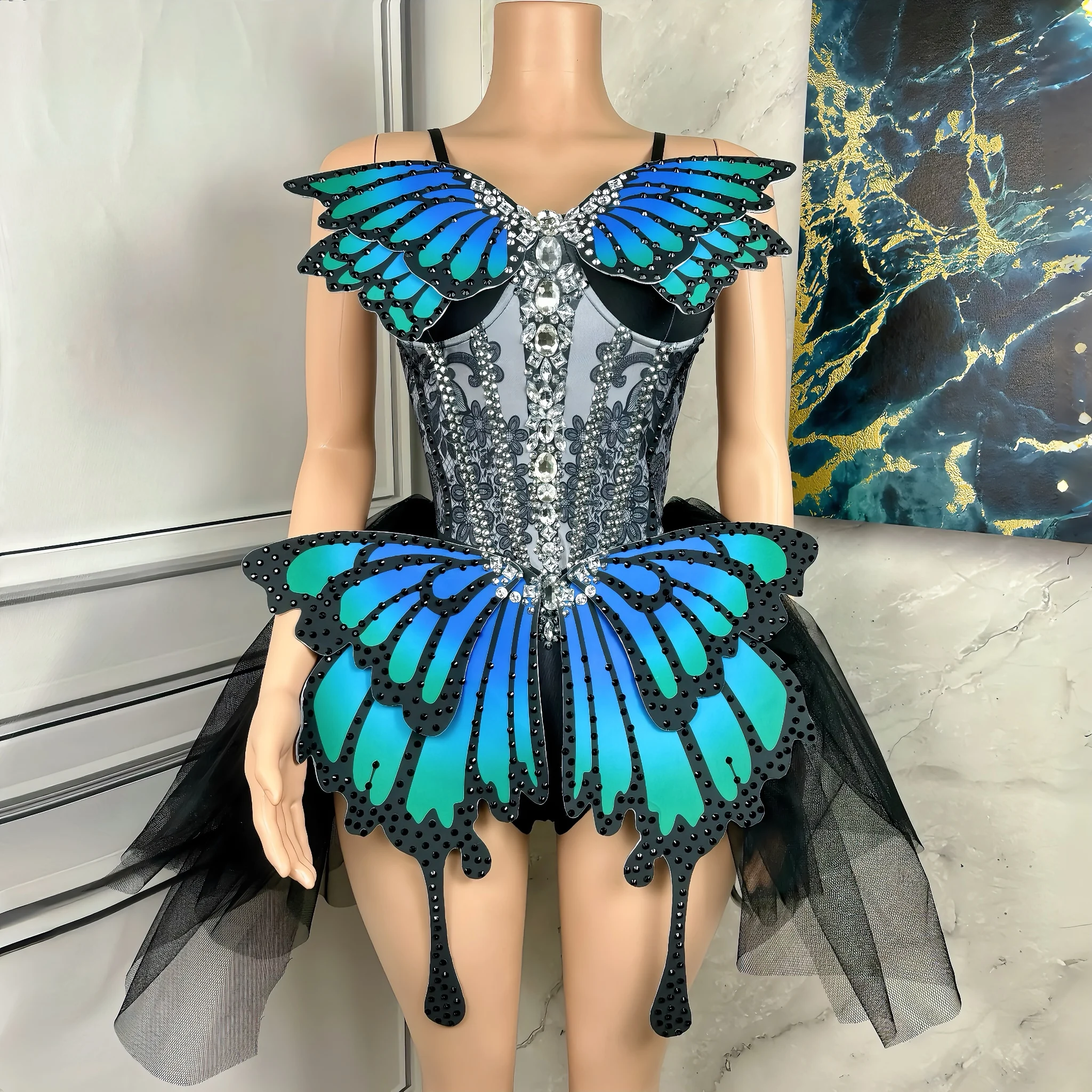 

Butterfly Appliques Splicing Mesh Sexy A-line Sheath Dress Evening Party Performance Costume Bar Nightclub Singer Stage Wear