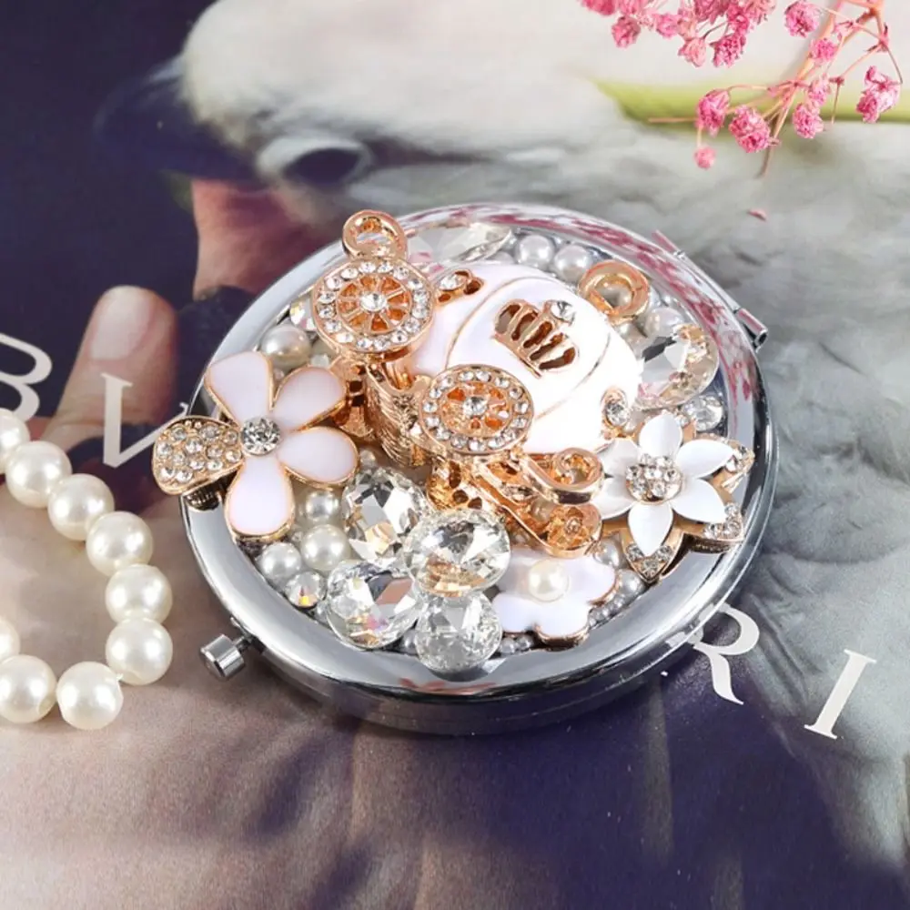 Beauty Mirror Metal Exquisite Mirror Pumpkin Wagon Gliter Portable Mirror Travel Size Crystal Pocket Mirror Women