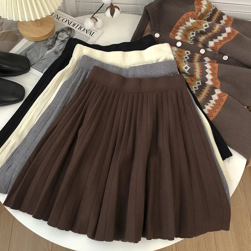 Knit Pleated Mini Skirt White for Women Autumn A Line Short Skirt Woman Elastic Waist Women Knitted Black Mini Pleated Skirt