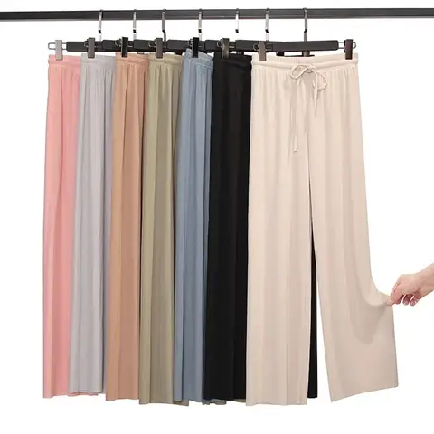 2026 Women Ankle-Length Wide Leg Pants Casual Summer Solid Elastic Waist Loose Ice Silk Pants Spring Summer Female Trousers