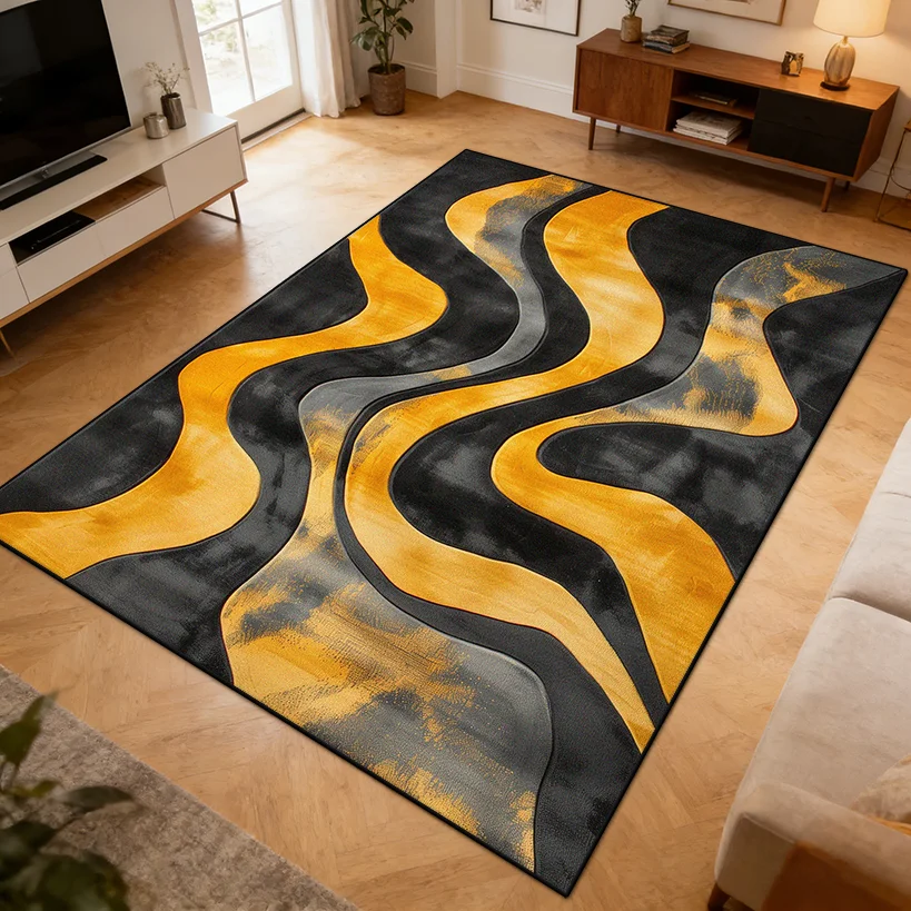 Modern Yellow Abstract Antiskid Living Room Carpet Home Decoration Luxury Fluffy Rug Large Size Easy Clean Resilient Floor Mats