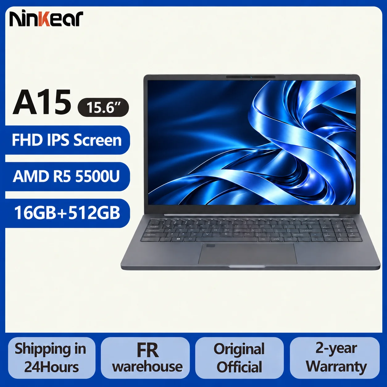Ninkear A15, 15,6 inch FHD IPS-laptop met 16 GB DDR4-geheugen, 512 GB SSD, AMD Ryzen 5 5500U-processor, geschikt voor kantoor en studie, met WiFi 6, verlicht toetsenbord, vingerafdruklezer, 55,4