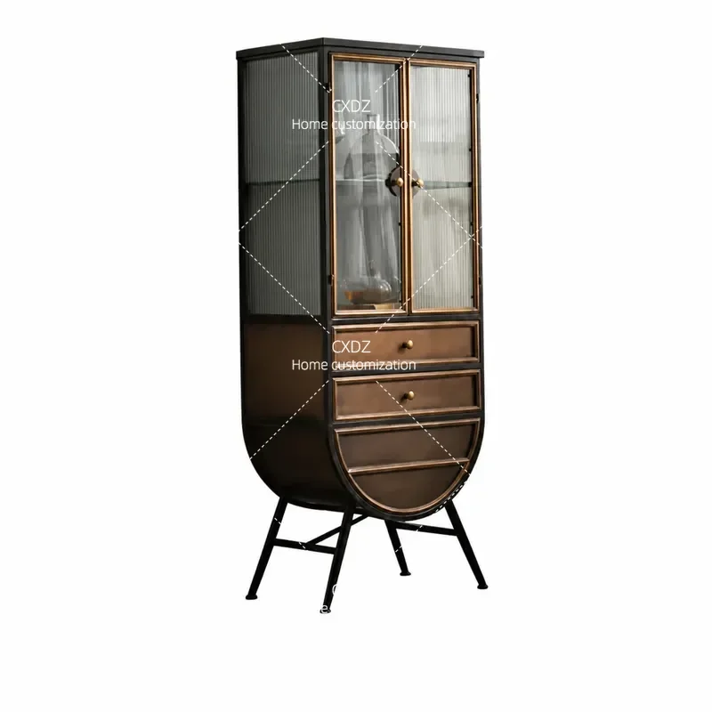 American Retro High Foot Solid Wood Wine Cabinet Tempered Glass Floor to Ceiling Display Side Cabinet for Living Room Home