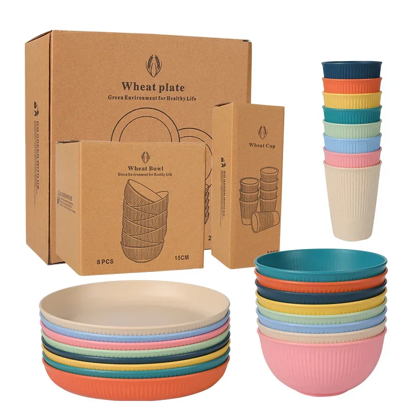 4Pcs Wheat Straw Tableware Set, Lightweight Plate Bowl Cup Combo, Portable Household Camping Simple Dinnerware Set