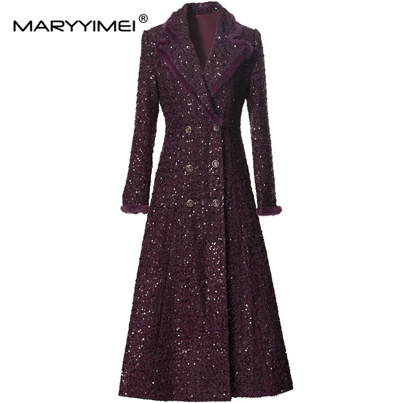 MARYYIMEI Autumn and winter Women\'s Elegant Coat Long-Sleeved Double-breasted Sequins design Streetwear Overcoat