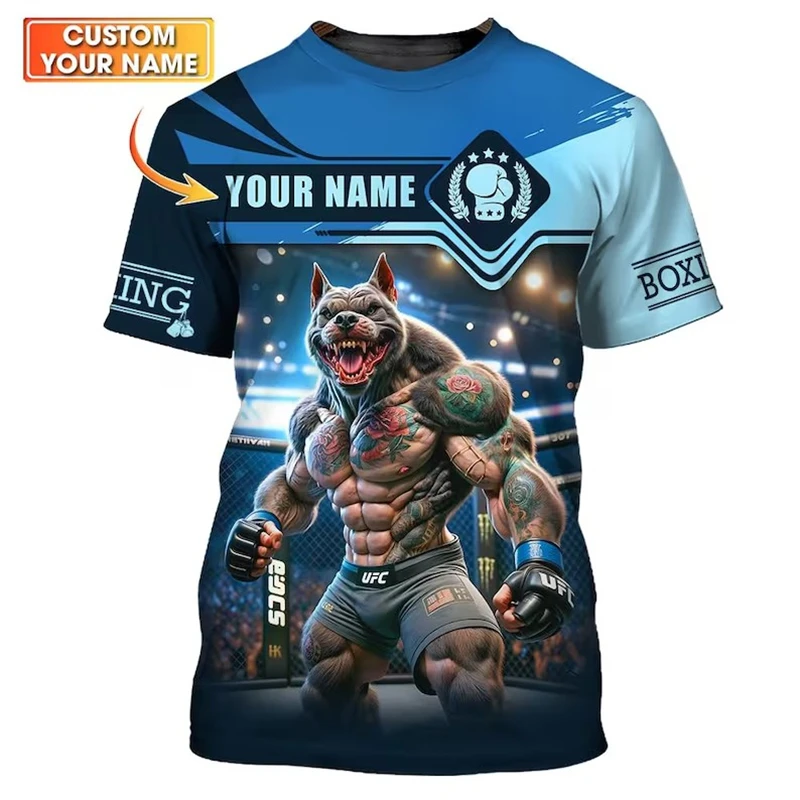 

3D Pitbull Boxing Pattern Men's T shirt Fashion Customize Name Combat Training Clothing Summer Casual O-neck Short Sleeve Tops