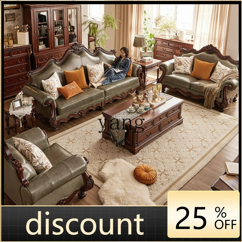 

LTT American neoclassical solid wood leather sofa top layer cowhide living room villa furniture