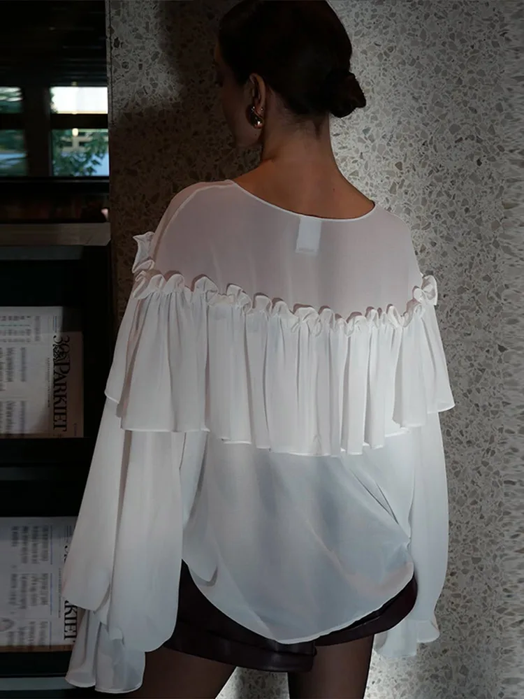 Mesh Sheer Shirt Women Elegant Pleated Layered Deep V Neck Flare Sleeve Pullover Blouse Female 2026 New Commute High Streetwears