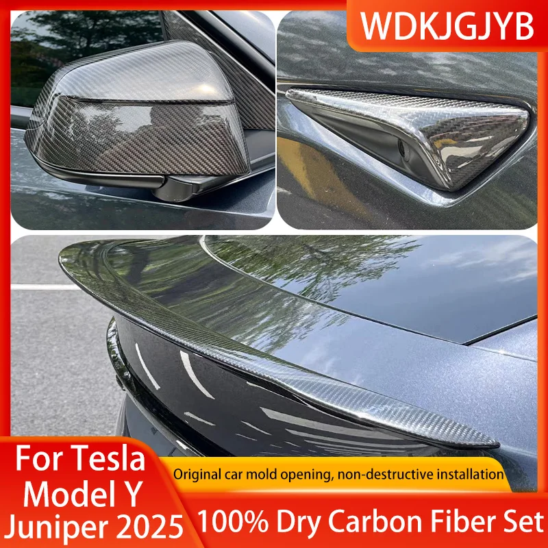 

For Tesla Model Y Juniper 2025 Dry Carbon Fiber Rear Wing Mirror Cover,Tail Fin ,Leaf Panel Door Handle Sticker Modification Kit