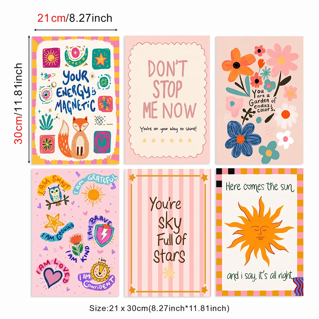 Set of 6 Positive Quote Canvas Wall Art Colorful Flower Sun Star Fox Prints for Girls Bedroom Classroom Nursery Home Decor