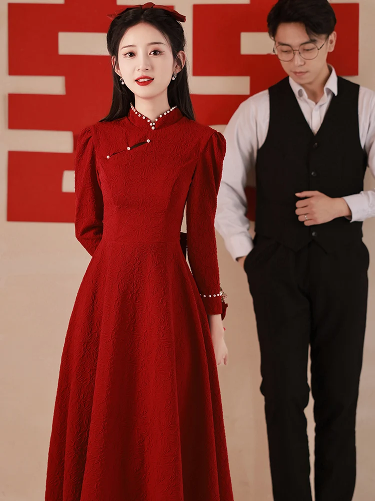 

Red Long Sve Qipao Dr Wedding Dr for Bride Suitable for Return Home Casual Wear And Wedding Ceremony