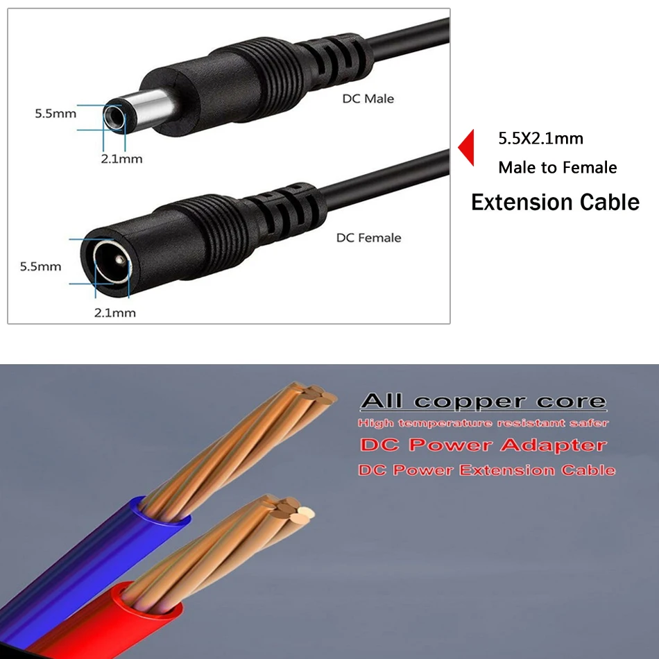 تيار مستمر موصل الطاقة 18AWG الأسود مهايئ الرافعة تمديد الحبل 5.5x2.1 مللي متر أنثى إلى ذكر 1 متر 3 متر 5 متر 10 متر #4