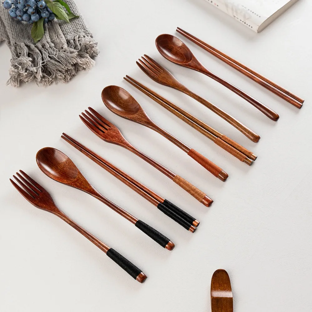 Portable Natural Wood Cutlery-3Pcs Spoon Chopsticks Fork Complete Dishes Household Kitchen Dinner Tableware Kit