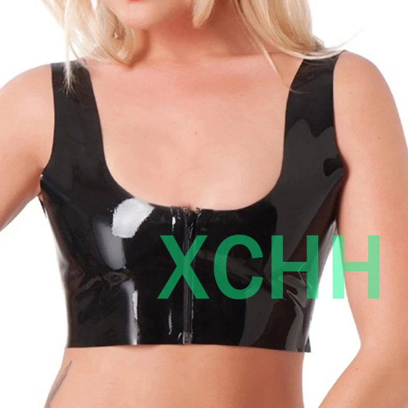 

Handmade Black Sexy Latex Crop Top with Front Zipper Rubber Shirt for Women