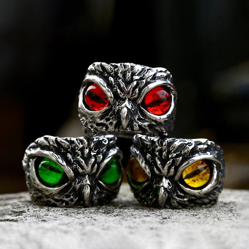 Punk Retro Stainless Steel Owl Ring Unique Fashion Gothic Devil's Eye Ring Men and Women Biker Amulet Jewelry Gifts Wholesale