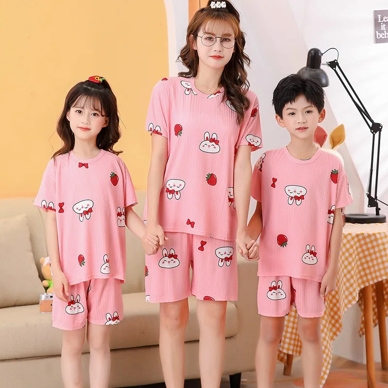 2 pieces for boys and girls pajamas Summer parent-child thin short sleeve cute neutral children's set Cute Children's homewear