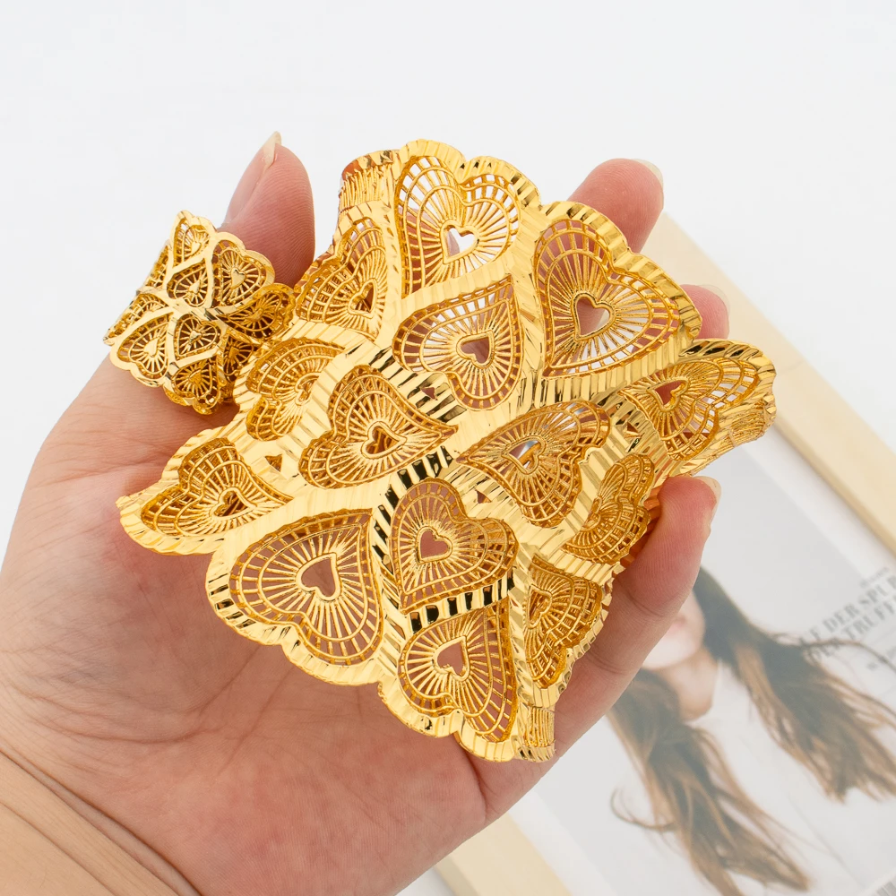 Exaggerate Bracelet with Ring Set for Dubai 18k Gold Plated Design Cuff Bangle and Finger Ring Set for Engagement Party Jewelry
