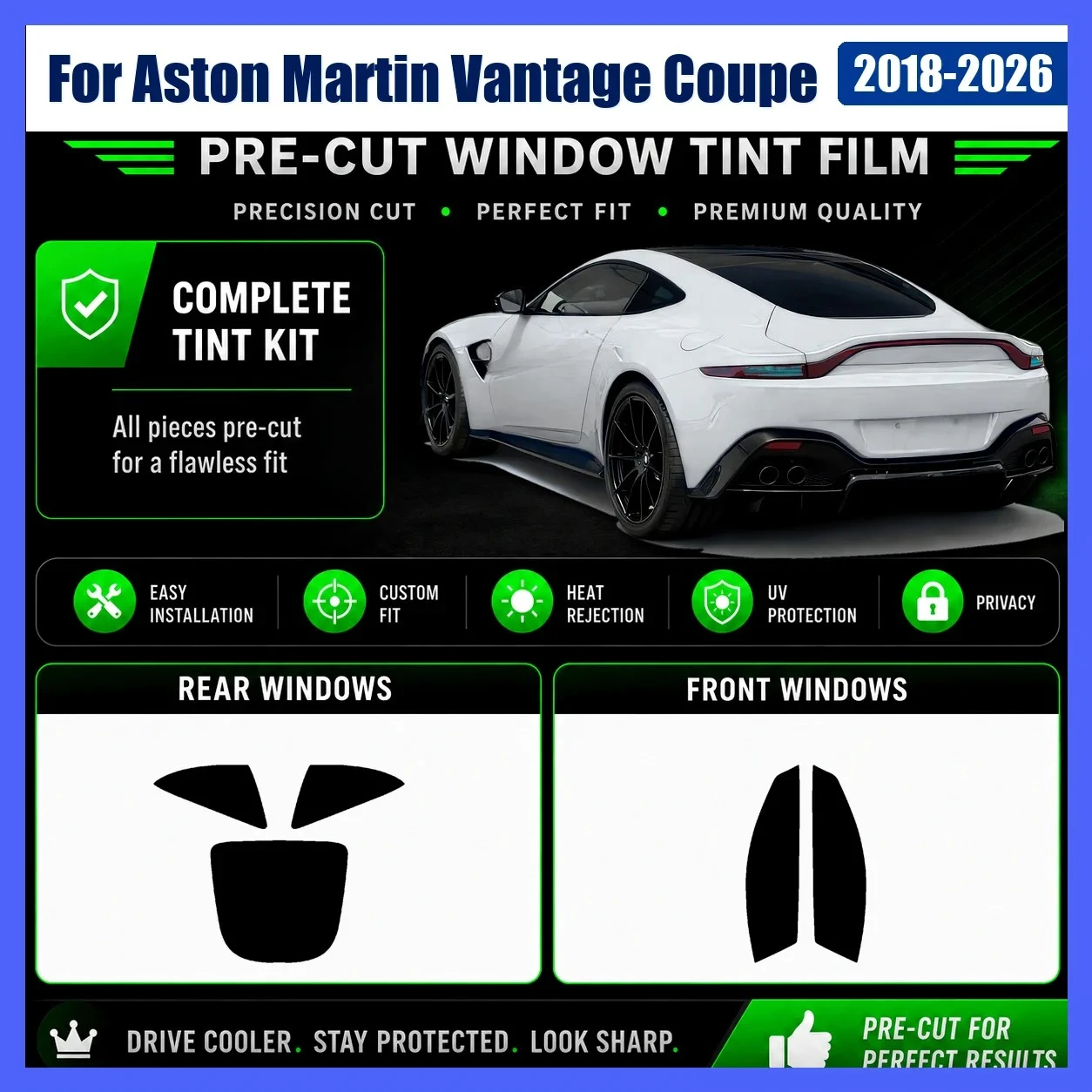 Premium Precut Window Tint for Aston Martin Vantage Coupe 2018‑2026 Front Rear UV Heat Rejection Anti‑Scratch Protection Film