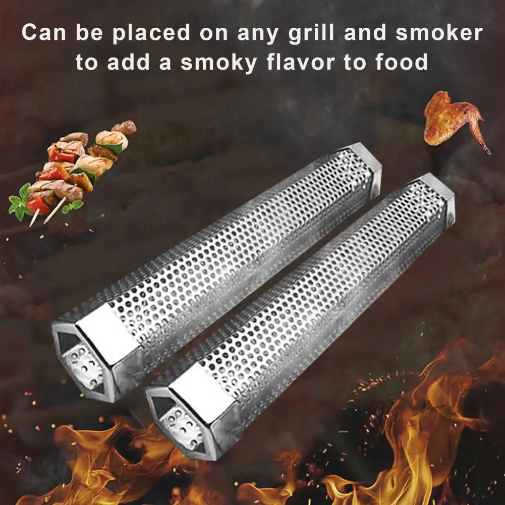 Pellet Tube Stainless Steel BBQ Smoke Tube With Ventilation Holes Heat-Resistant Reusable Smoke Grill Tube Camping Accessories