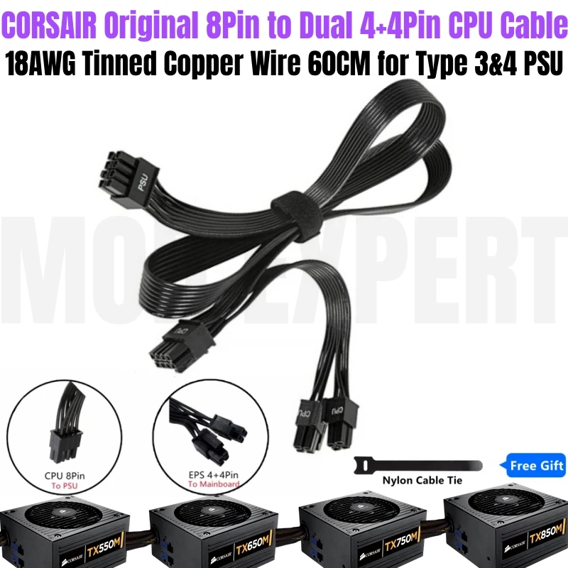 

Original CORSAIR Dual CPU Power Supply Cable 4+4Pin EPS12V for TX850M TX750M TX600M TX550M Modular Power Supply Unit 18AWG 70CM