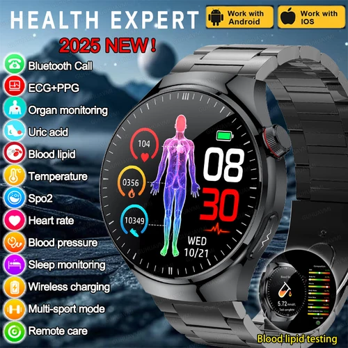 2025New 건강 전문가 스마트 워치 혈압 혈액 지질 요산 ECG+PPG 체온 블루투스 통화 건강 Smartwatch