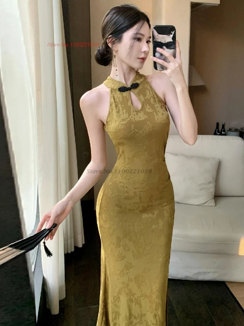 

2025 chinese improved sleeveless cheongsam jacquard elastic qipao dress evening dress vintage banquet qipao nightclub dress