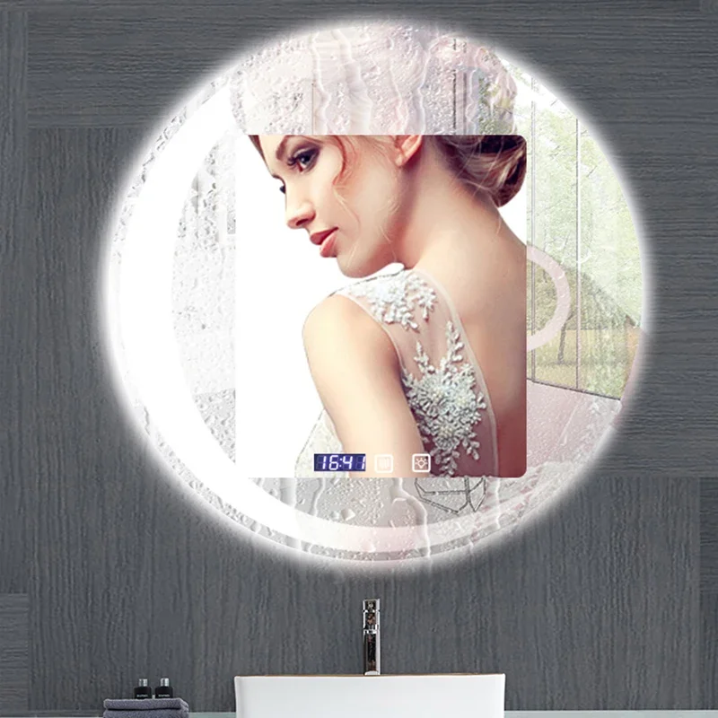 モダンなインテリジェントバスミラーホームタッチスクリーンバスルームミラー壁掛け月型ラウンド化粧鏡 LEDライト付き