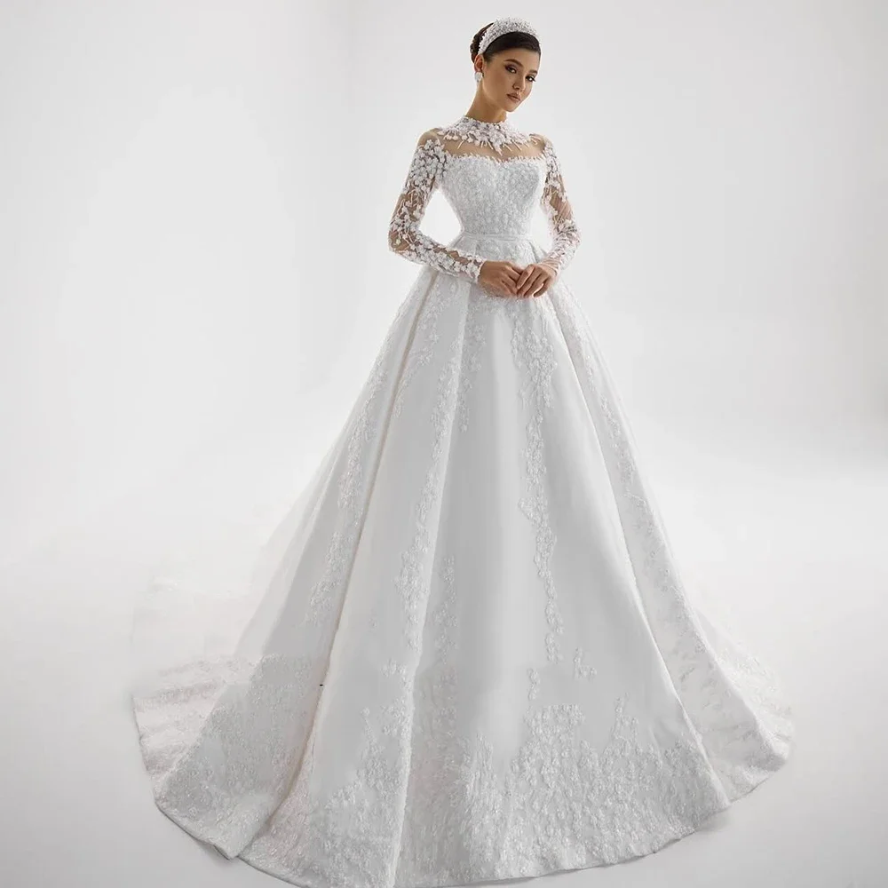 

Flavinke Customized White O-neck Lace A-line Wedding Dresses Gowns Full Sleeves Draped Bride Dress Floor Length Wedding Dresses