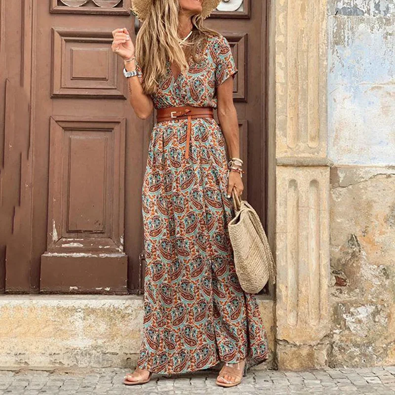 Summer Women\'s V-neck Fitting Dress Fashionable Short Sleeved Dress Holiday Party Bohemian Style Floral Casual Loose Long Dress