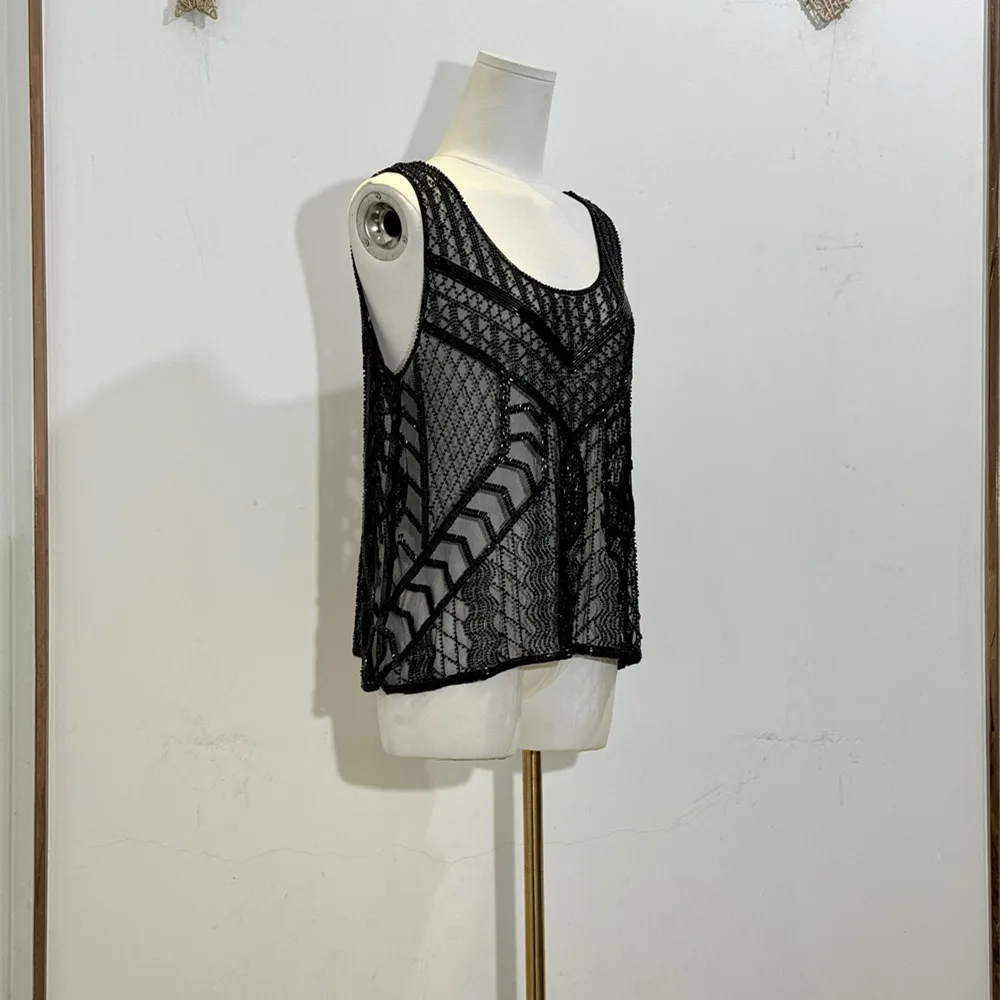 Holiday Heavy Embroidery Seed Beaded Sleeveless Vest Women Fashion 2-Cut Bead Handmade Mesh Sexy Tank Top Camis