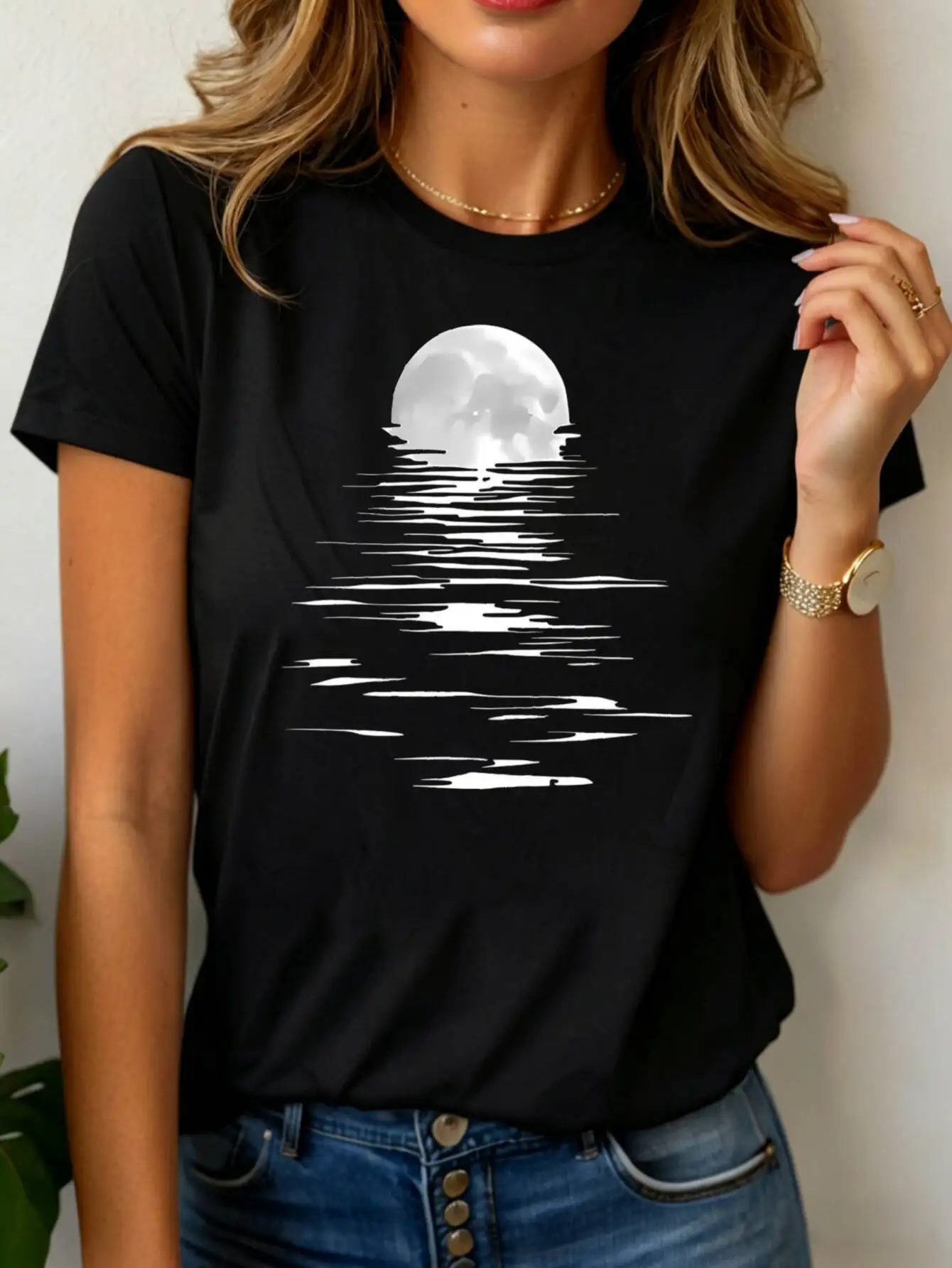 T-Shirt décontracté pour femmes, imprimé réflexion de l'eau de la lune, col rond, manches courtes, hauts légers universels pour toutes les saisons