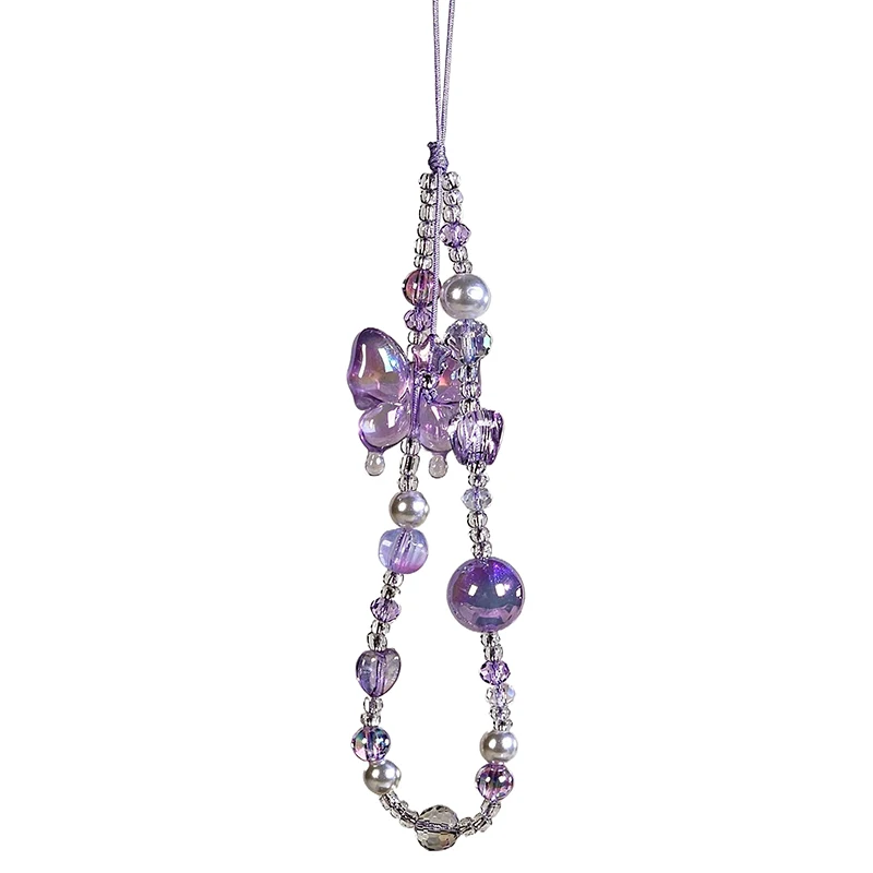 Light Purple Ins Style Y2K Heart Butterfly Pendant Phone Strap Charm Lanyard Anti Loss Keychain Camera Hanging Chain DIY Decor