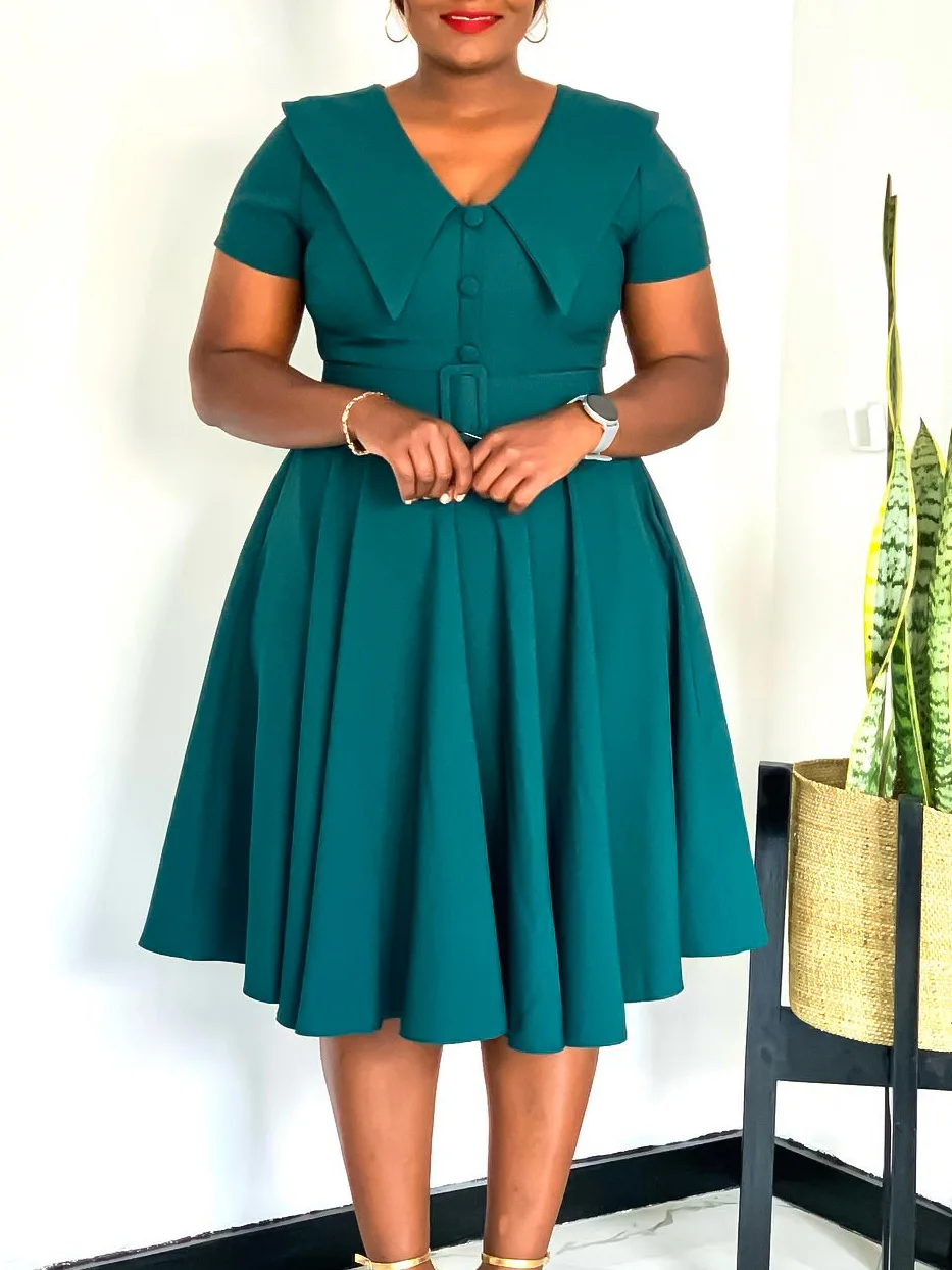 

Elegant Summer Fashion Dress for Women with Baby Collar Short Sleeves Large Stretch Hem Stylish 2025 Trend