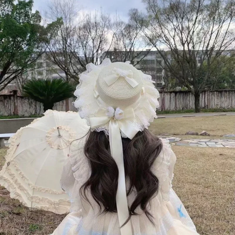 로리타 밀짚모자 숲의 달콤한 리본 프랑스 소녀 꽃 차양 모자 로리타 플랫 탑 모자 사랑 스타일