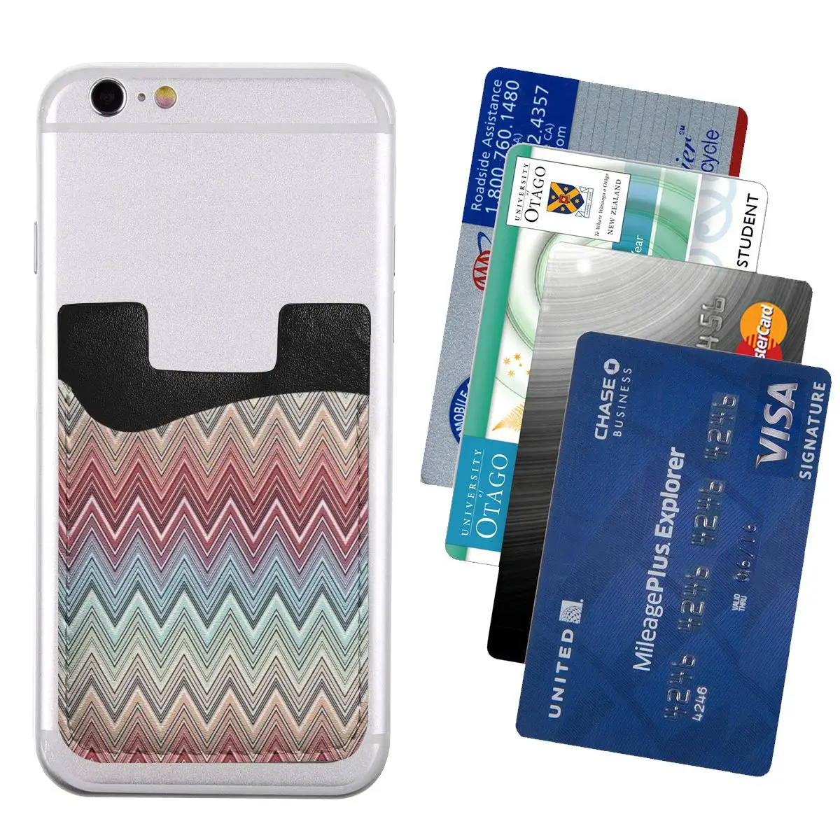 Multicolor Chic Zigzag Cell Phone Card Holder for Back of Phone Custom PU Leather Boho Chic Zig Zag Stick on Wallet Case