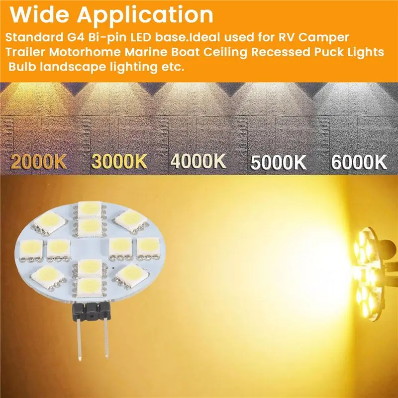 [NEWA08R】 12PCS G4 Puck Lights LED Bulbs Side Pin Base Round G4 5050 12SMD LED RV Camper Light Home Reading Light